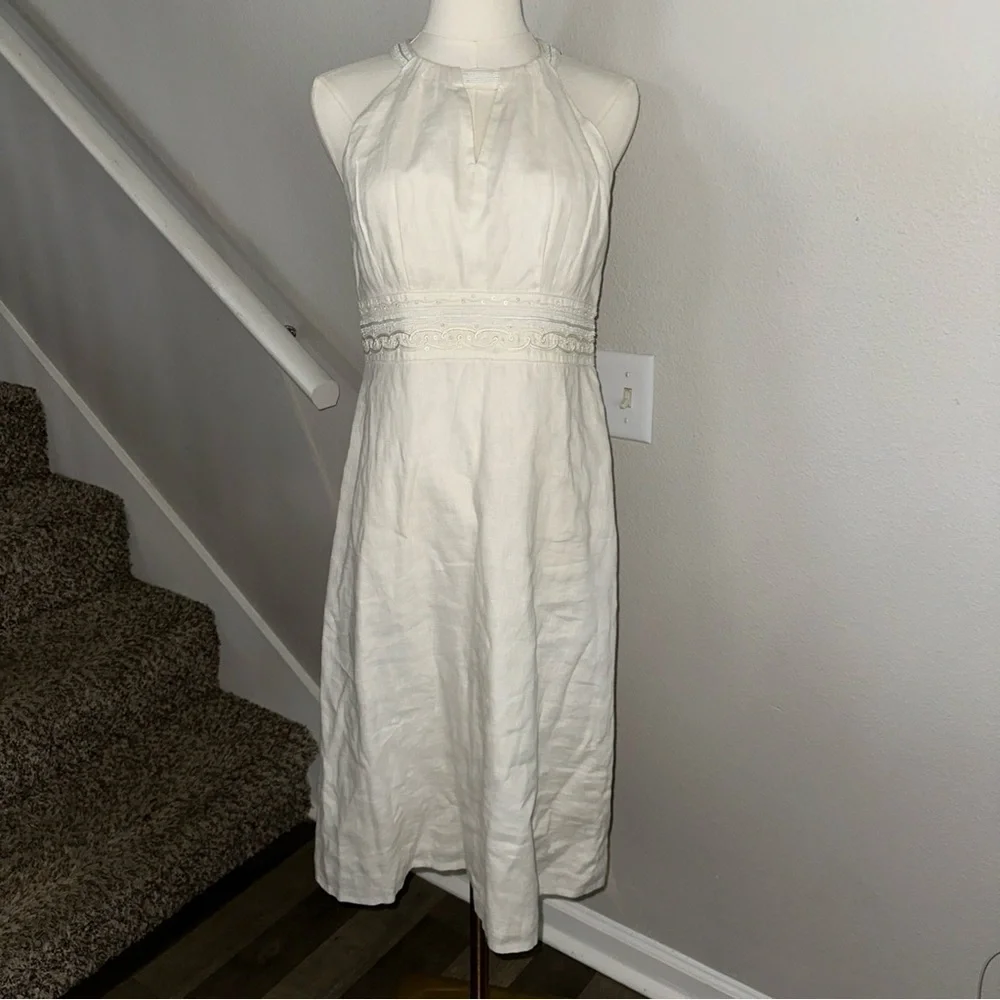 Ann Taylor Halter Beaded  lined Linen Midi Dress Off White S 8 EUC Hidden Zipper - Picture 3 of 8